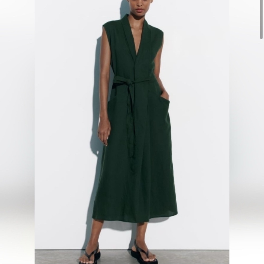 ZARA Belted Midi Linen Blend Dress